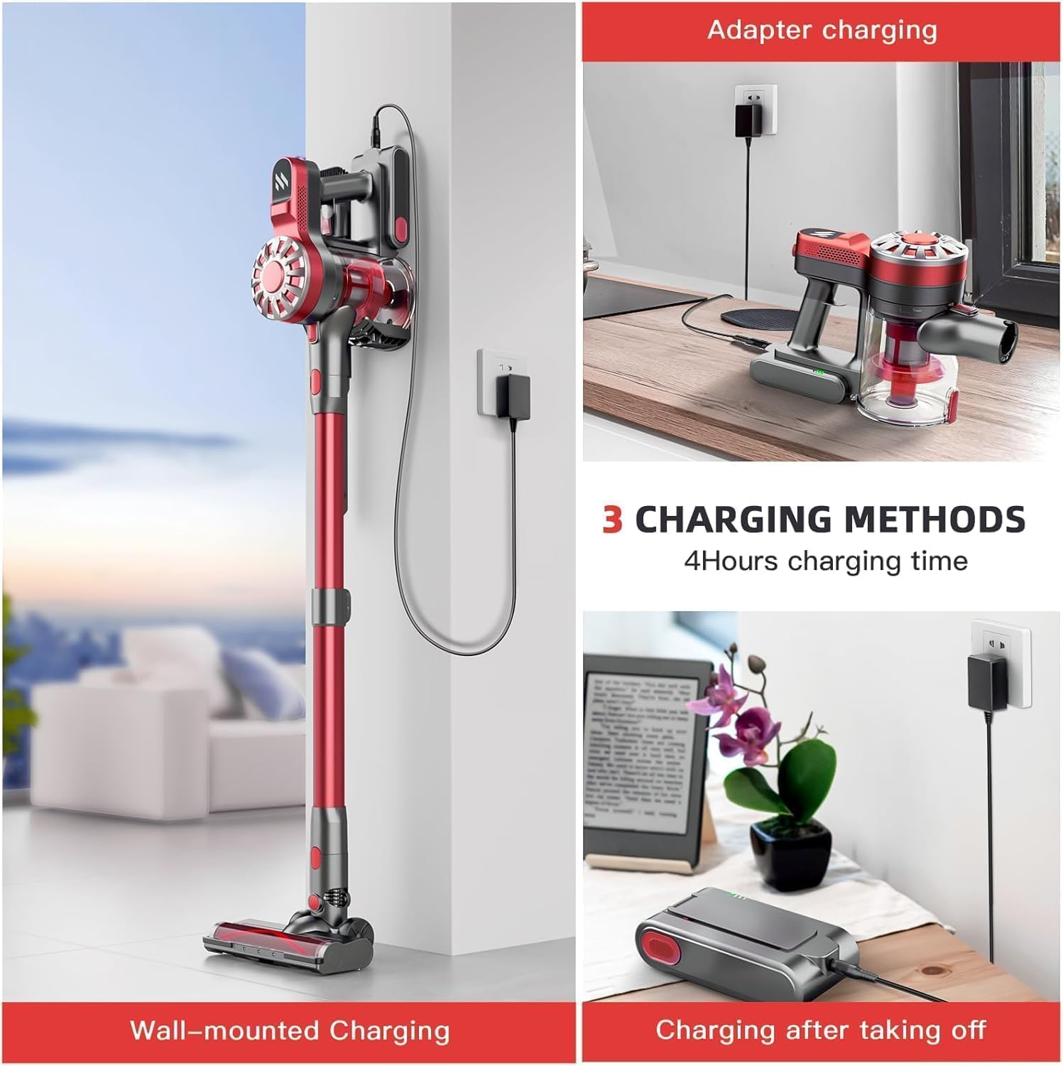 Cordless Vacuum Cleaner for Home, Lightweight Stick Vacuum Cordless Rechargeable with Power Suction, Up to 35 Mins Runtime, Hardwood Floor Vacuum for Pet Hair, Carpets, Tile(Black Red)