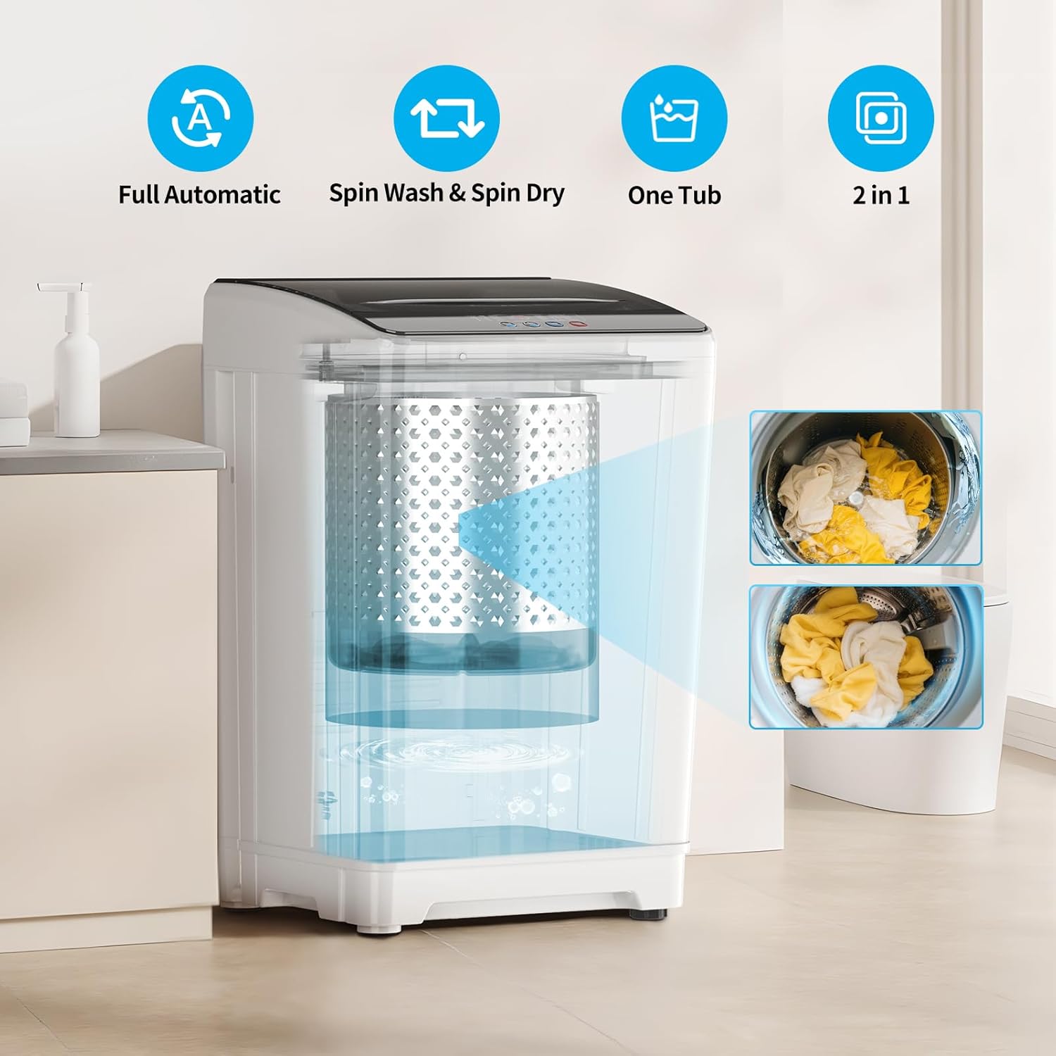 TABU 18lbs Portable Washing Machine, 2.4 Cu Ft Full Automatic Washing Machine with Drain Pump, Automatic Washer and Dryer with 10 Wash Programs & 8 Water Levels for Home, Apartment, RV, White