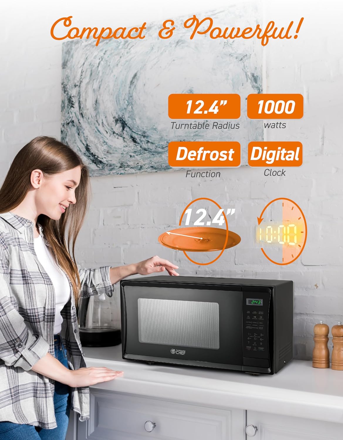 COMMERCIAL CHEF 1.1 Cu Ft Microwave with 10 Power Levels, Microwave 1000W with Push Button Door Lock, Countertop Microwave with Microwave Turntable and Digital Controls, Black