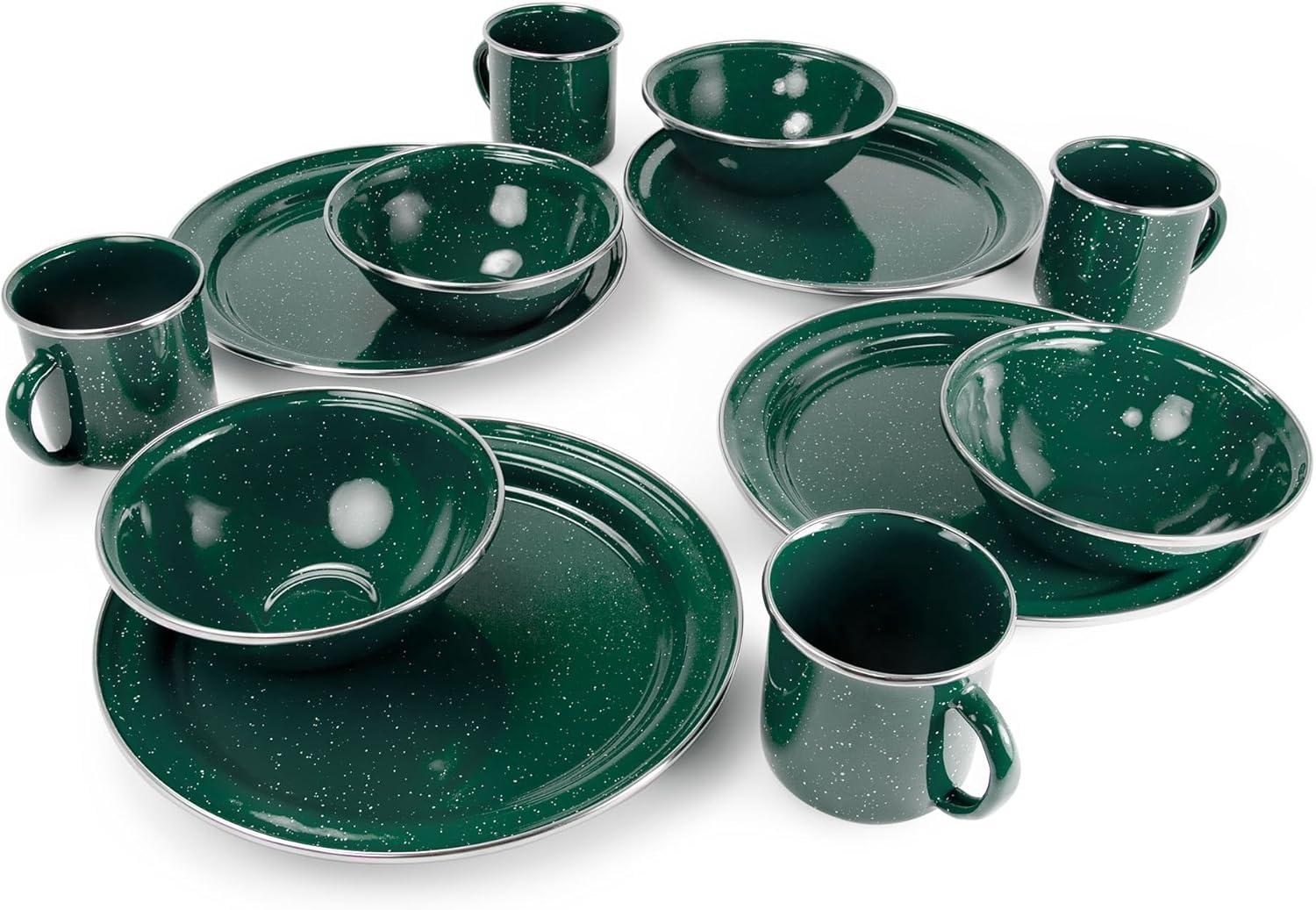 GSI Outdoors Pioneer Enamel 12 Pieces (4-Person) Dish Set I Enamelware Dishes Including Plates, Bowls and Mugs for Camping, Outdoors, RV, Camp, Green