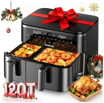 12QT Large Air Fryer with Dual Basket (4QT+8QT), 13-in-1 Digital Touchscreen Double Zone Air Fryers with 50pcs Paper Liners, Sync & Dual, for Bake, Roast, Shake Reminder, Dishwasher Safe