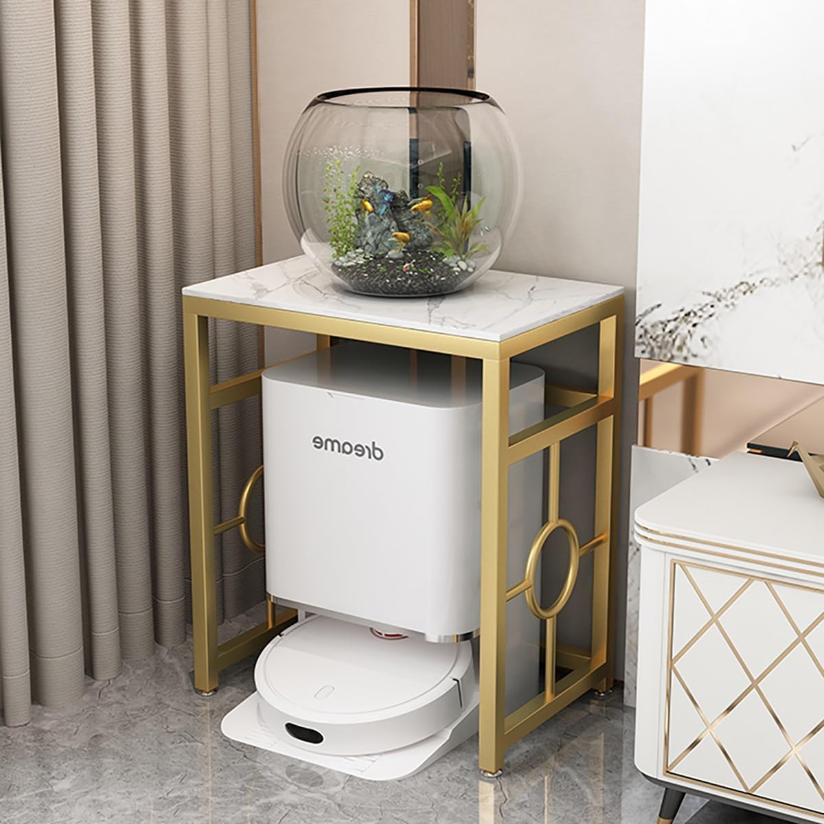 Robot Vacuum Stand Cabinet,Sweeping Robot Storage Rack,Entryway Hallway Robot Vacuum Cleaner Shelf,Small End Tables for Bathroom,Multi-Functional Fish Tank Stand(Off-white,70*40cm/27.5*15.7
