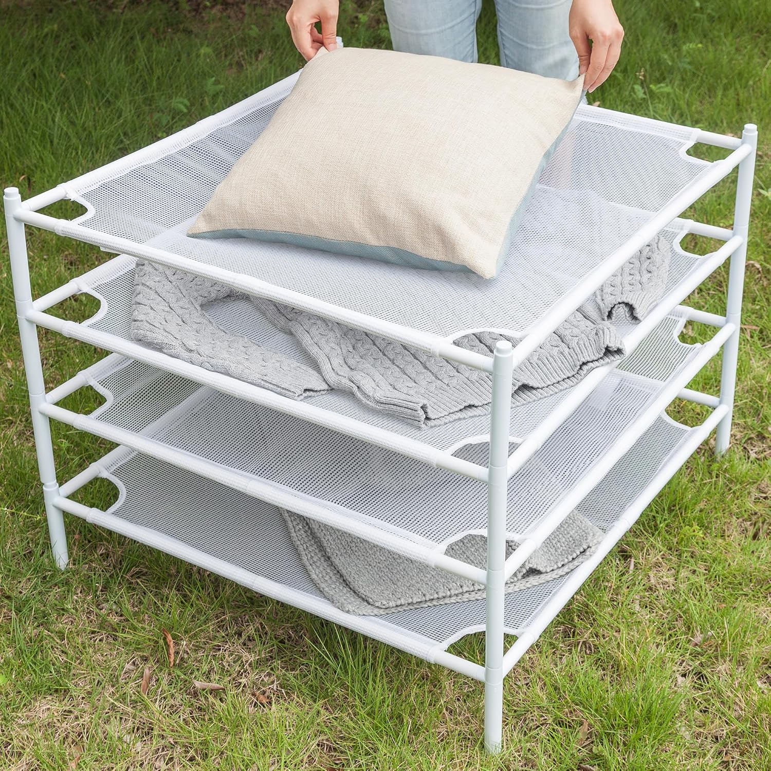 Sweater Drying Rack, 4-Layer Stackable Flat Clothes Drying Rack, Laundry Drying Rack, Mesh Air Dryer, Portable Dry Rack for Indoor & Outdoor