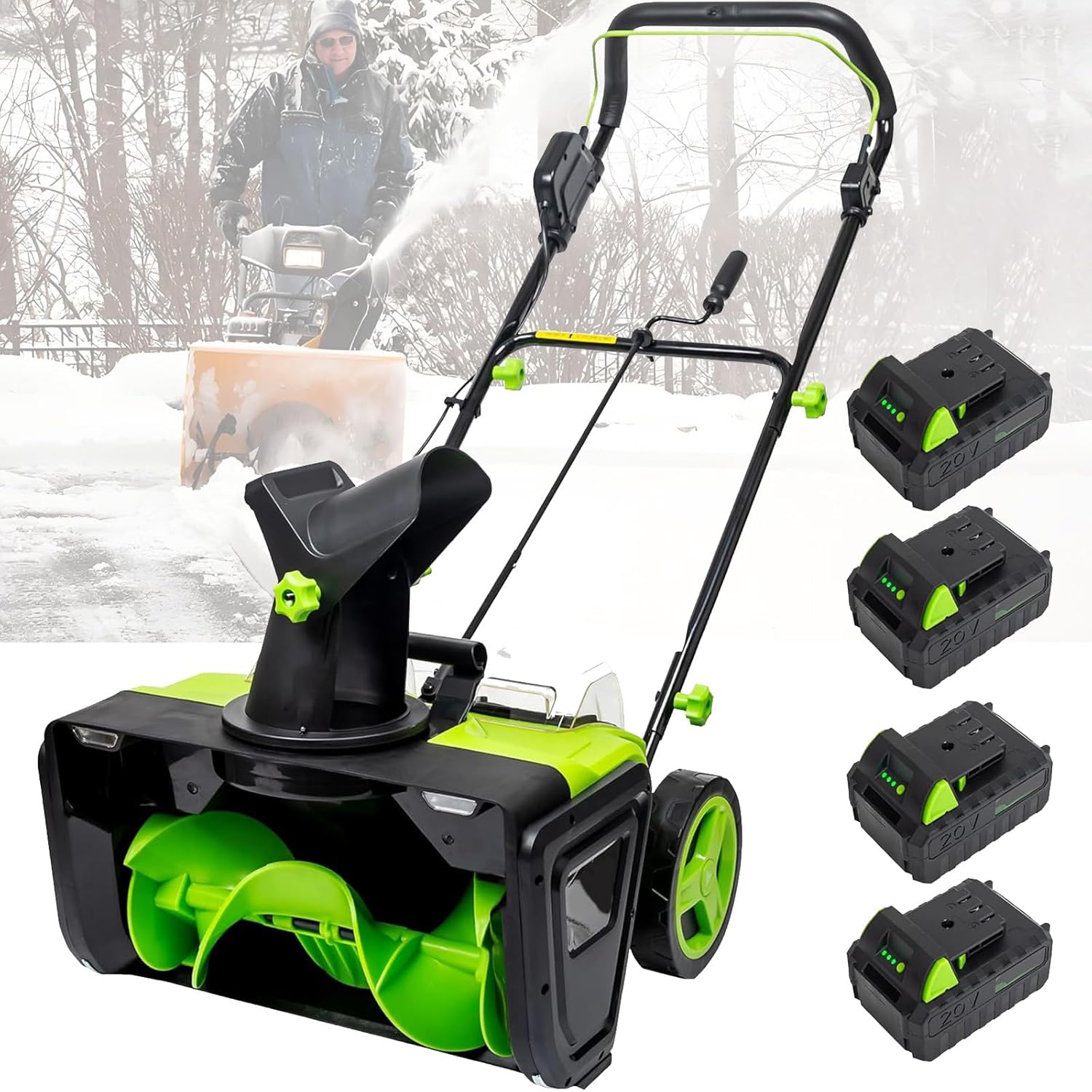 Electric Snow Shovel, 20” Corded Snow Blower, 20 X 10 Inch Clearing Path and 25 Feet Throwing Distance, with Led Headlights, Fast Charger, Small Snow Removal Equipment 4 Batteries