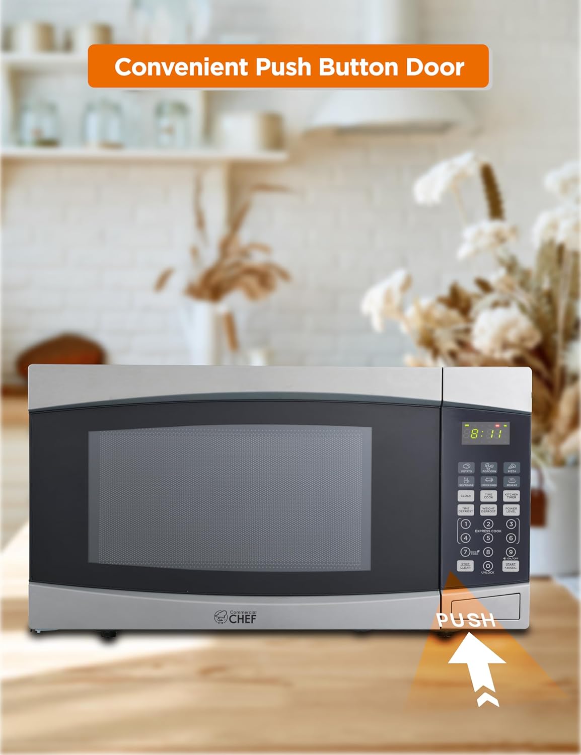COMMERCIAL CHEF 1.6 Cubic Foot Microwave with 10 Power Levels, Small Microwave with Push Button, 1000 Watt Microwave with Digital Control Panels, Countertop Microwave with Timer, Stainless Steel