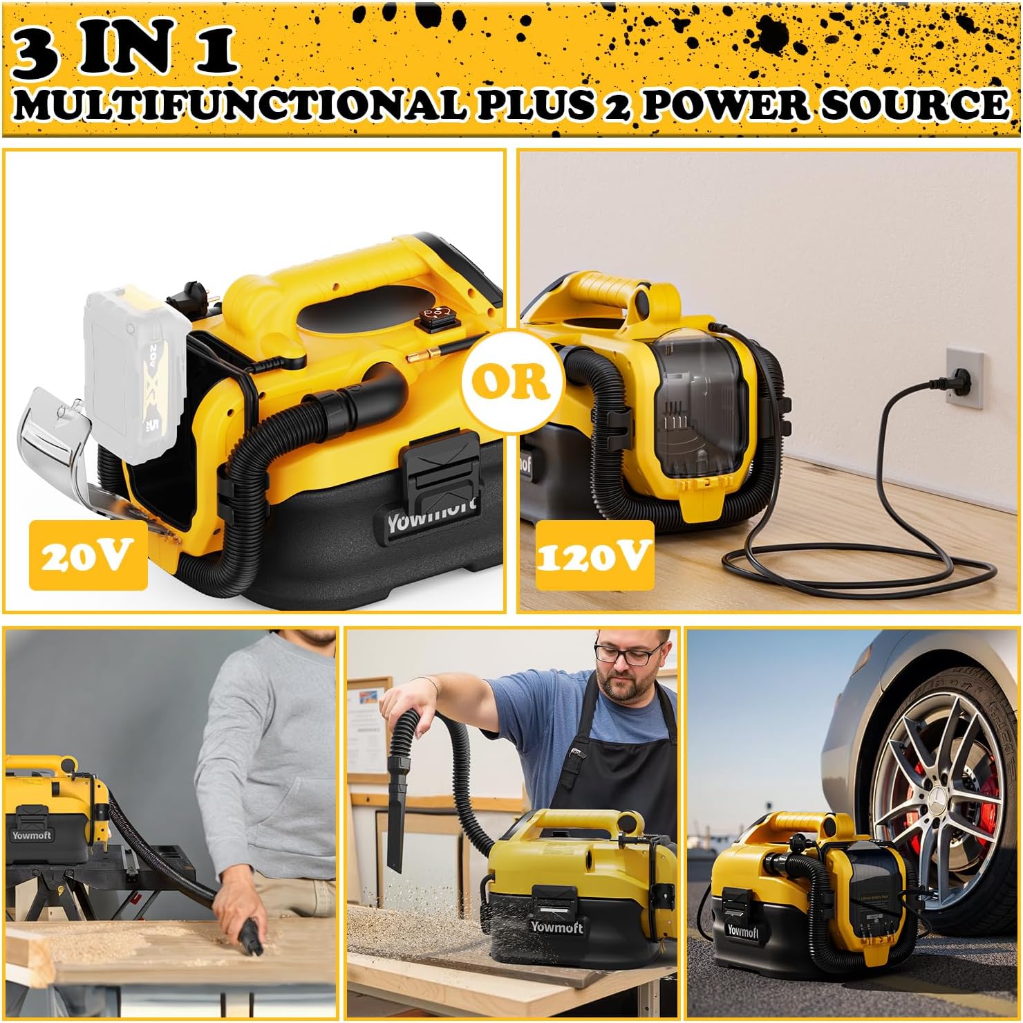 Wet Dry Shop Vacuum Cordless & Corded, Versatile Power Source with Tire Inflator and Blower Function, 2.5 Gallon Portable Vacuum for Dewalt 20V Battery, Small 3 in 1 Shop Vac (Tool Only)