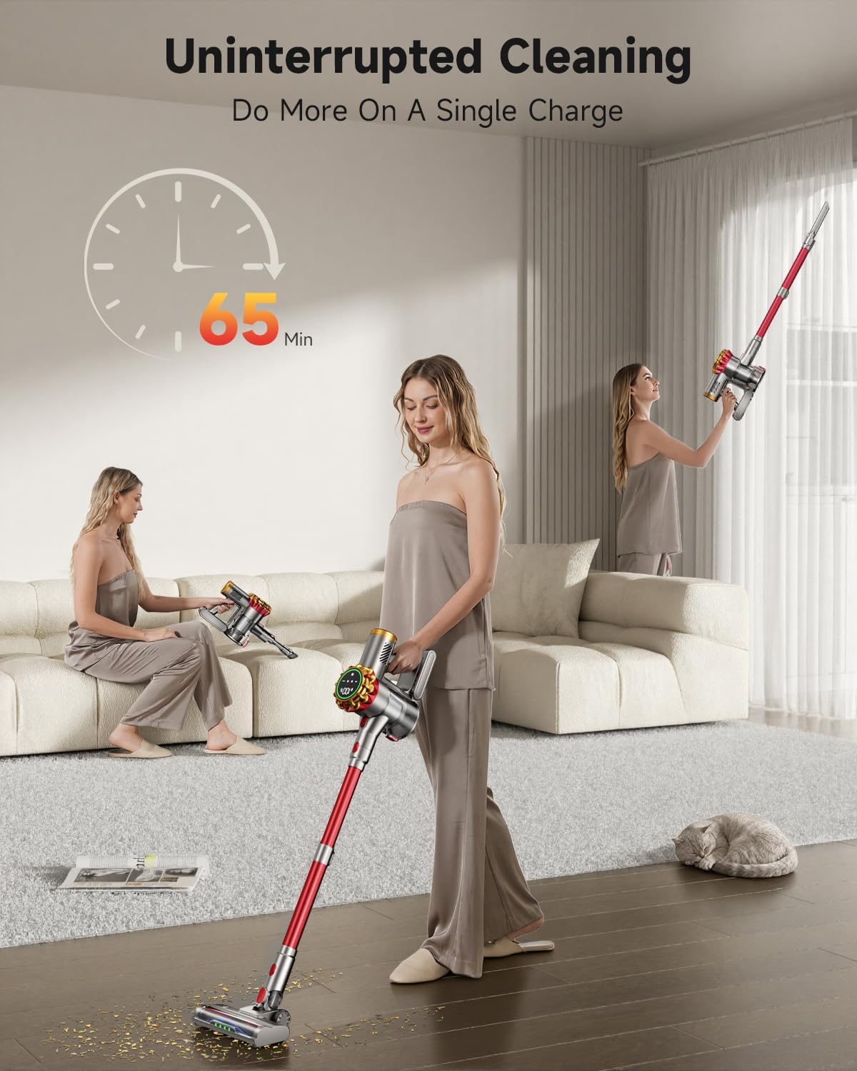 Cordless Vacuum Cleaner 580W 50Kpa Vacuum Cleaners For Home, 65 Mins Battery Stick Vacuum Led Panel, Anti-Tangle, Self-Standing, 8-In-1 Lightweight Vacuum For Hardwood Floor/Carpet/Pet Hair -Y