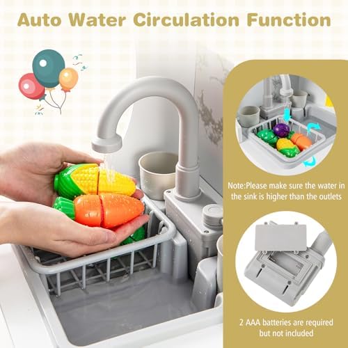 Costzon Corner Play Kitchen, Wooden Kids Kitchen Playset w/Water Circulation, Real Light & Sound, Microwave, Range Hood, Stove, Oven, Toy Kitchen Set for Kids Toddlers, Gift for Boys Girls 3+ (Grey)