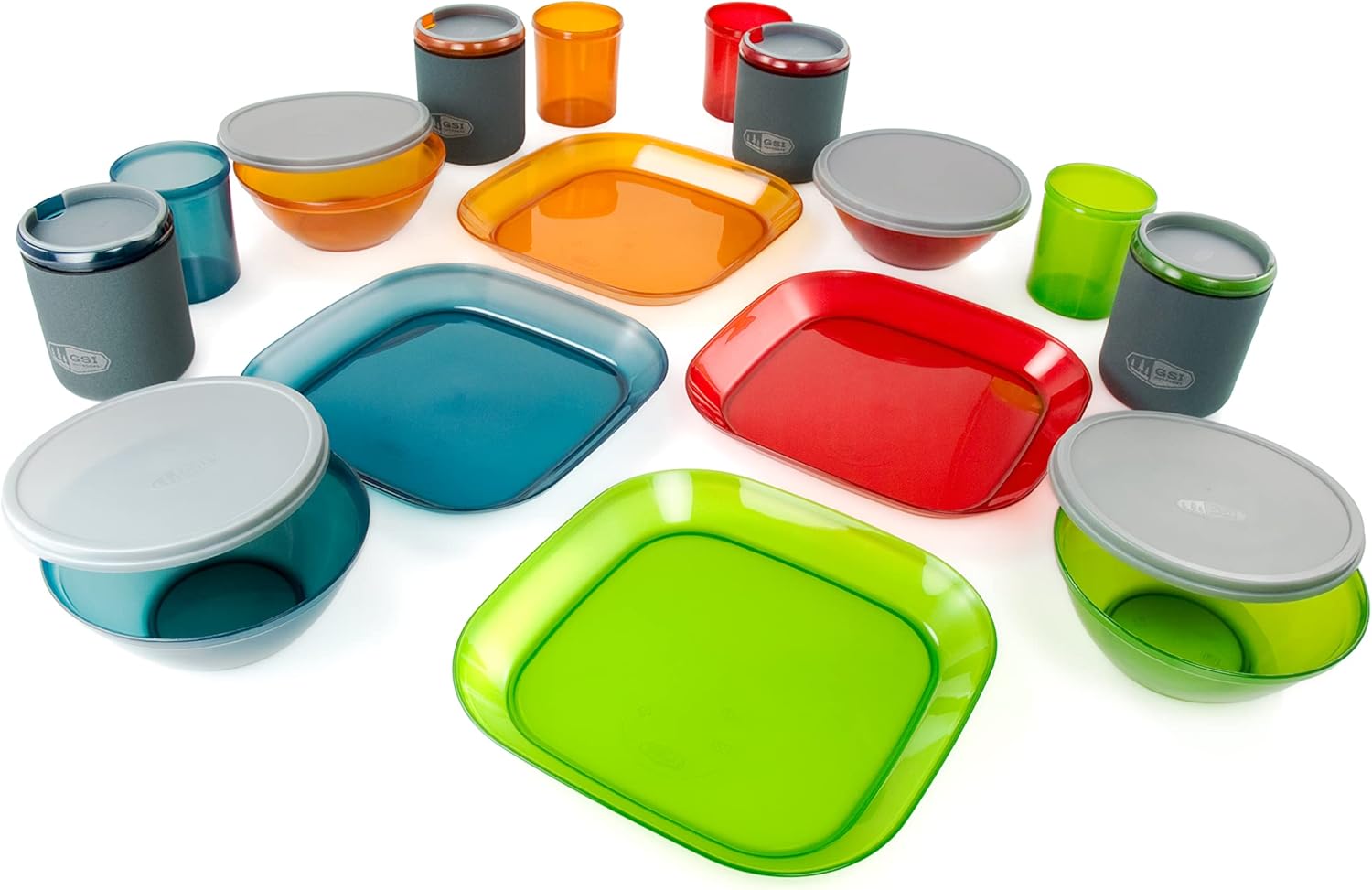 GSI Outdoors - Infinity 4 Person Deluxe Nesting Table Set Multicolor Durable, Break Resistant Plates, Bowls, Mugs and Cups