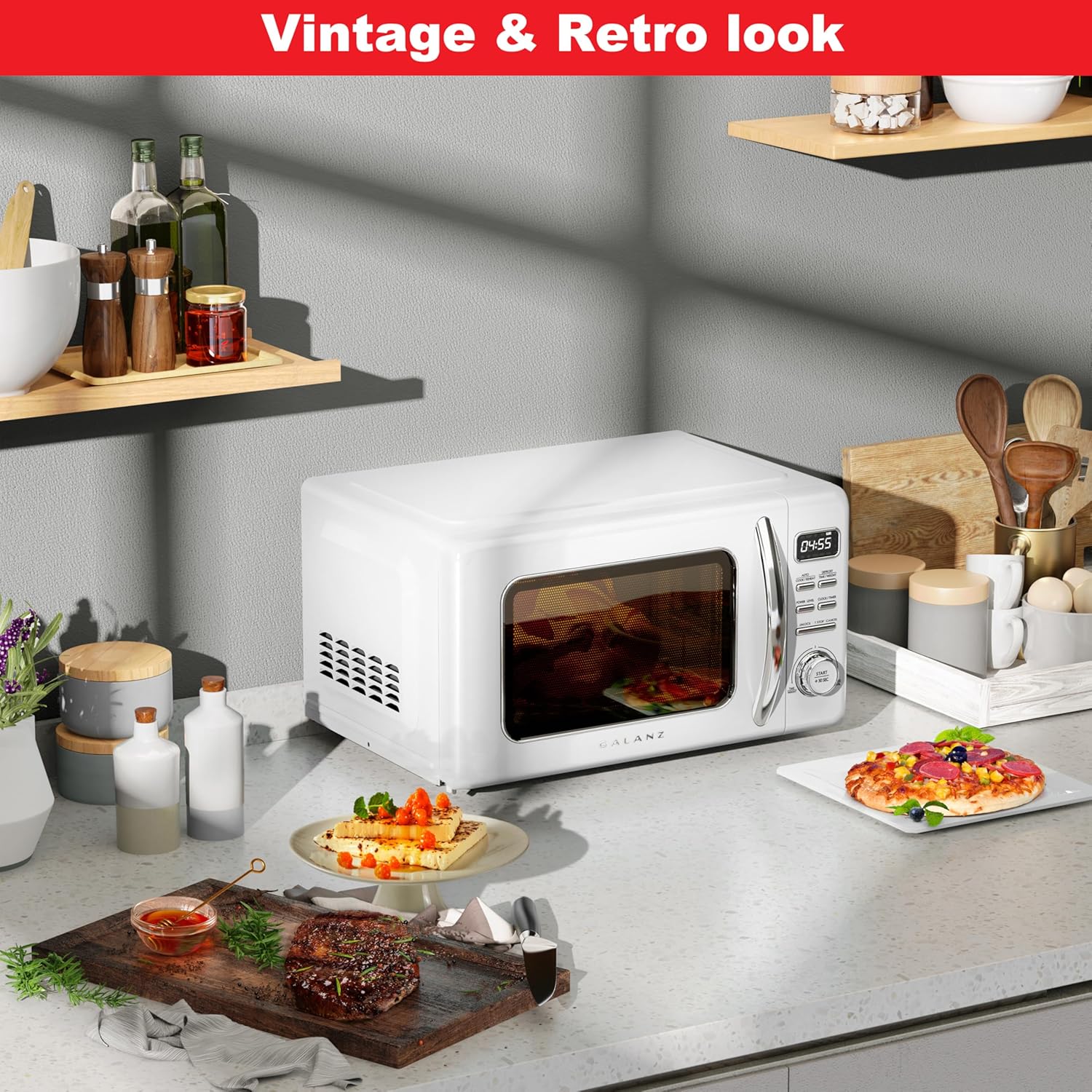 Galanz GLCMKZ09WER09 Retro Countertop Microwave Oven with Auto Cook & Reheat, Defrost, Quick Start Functions, Easy Clean with Glass Turntable, Pull Handle, 0.9 cu ft, White