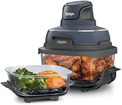 Ninja Crispi Air Fryer, Microwave, Freezer & Dishwasher Safe, Non Toxic Glass Portable Cooking System, 4 QT & 6 Cup Glass Containers with Storage Lids, Easy Meals, Air Fry, Bake, Grey (Renewed)