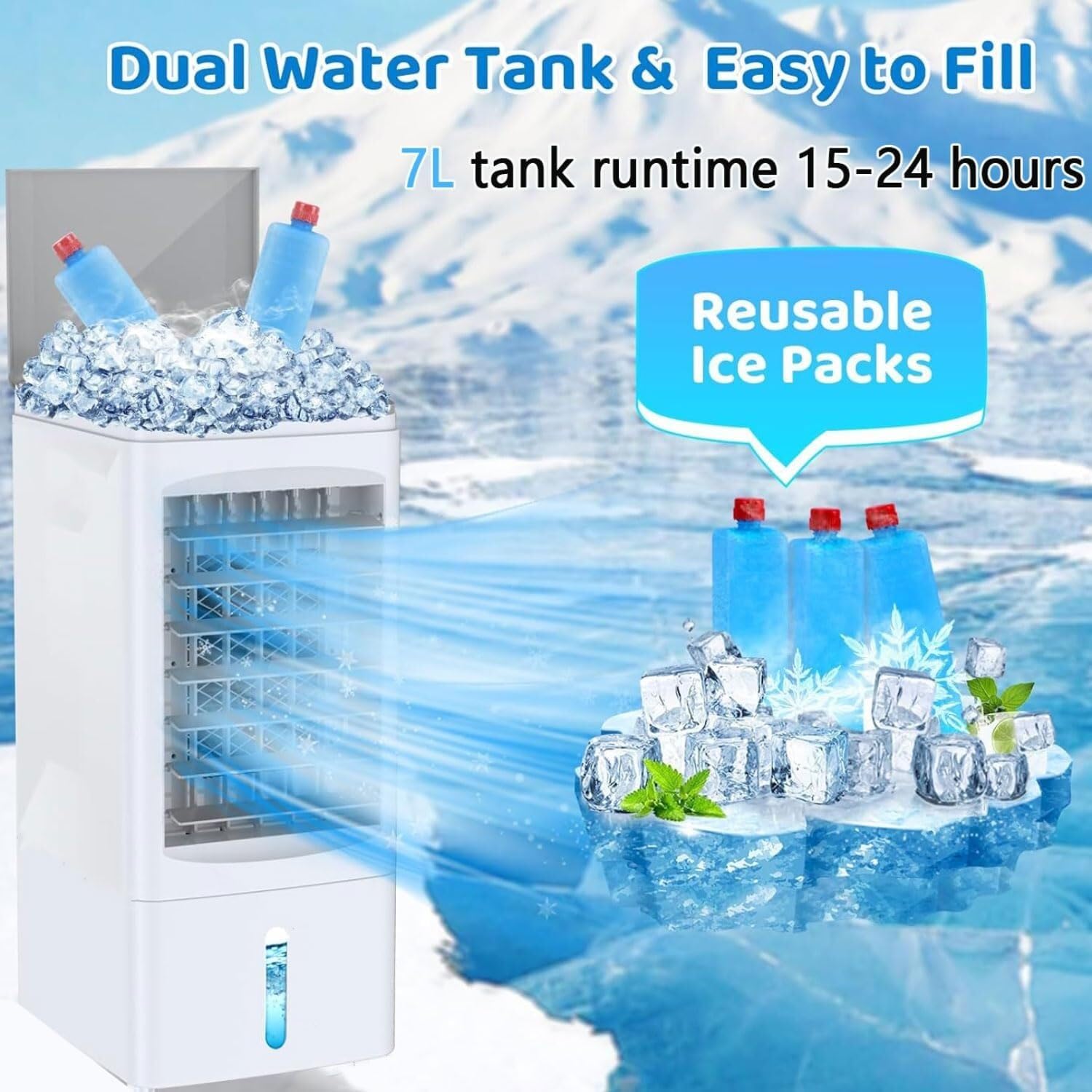 Windowless Portable Air Conditioner, 3-in-1 Evaporative Air Cooler with 7L Tank, Remote Control, 12H Timer, Oscillation, and 3 Speeds for Bedroom & Indoor Use