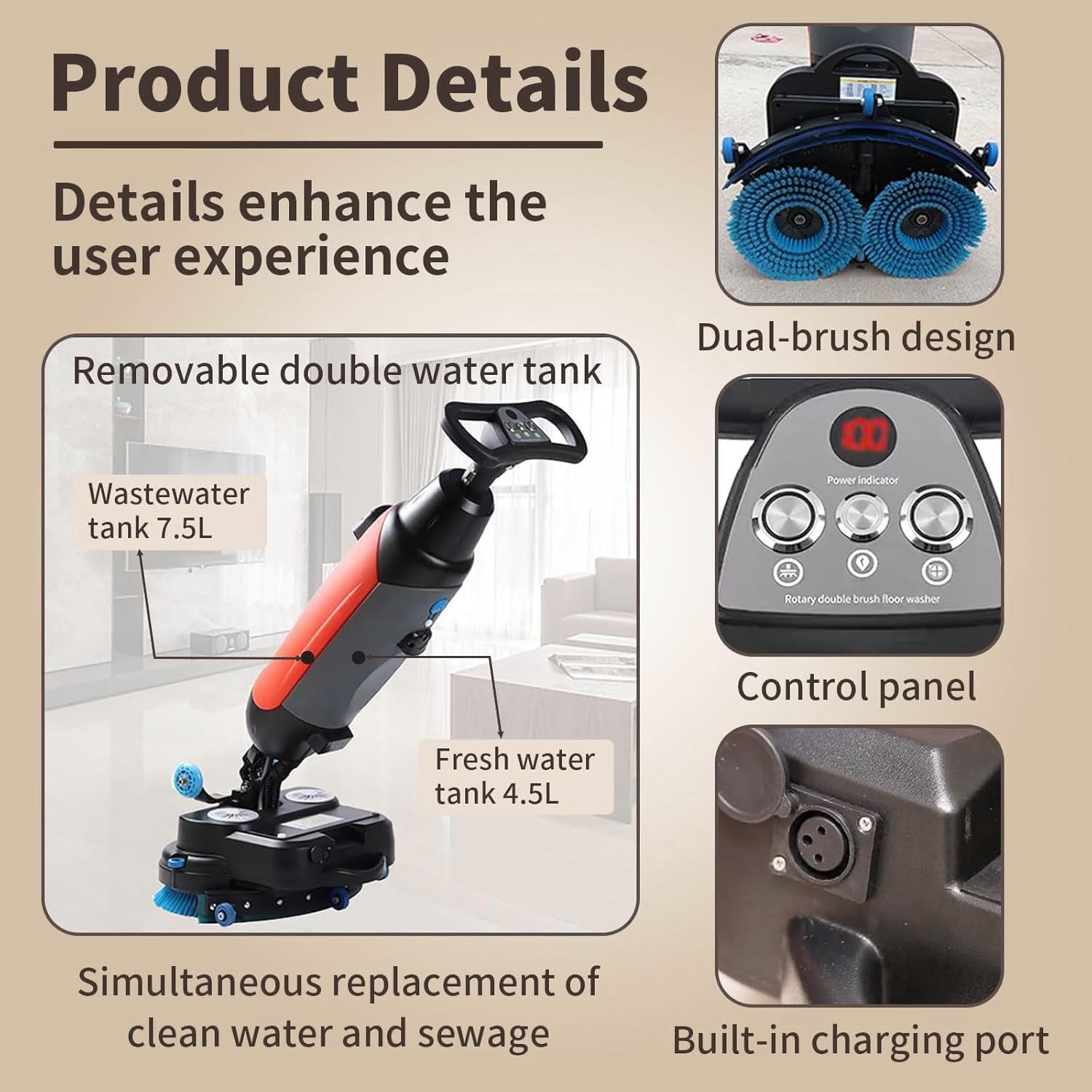 Carpet Cleaning Machine and Floor Scrubber, 360 RPM Dual-Brush Rotary Floor Washer, Cordless Design Mini Floor Cleaner, 13000 ft²/h Efficient Cleaning for Commercial Spaces, Schools, Offices White