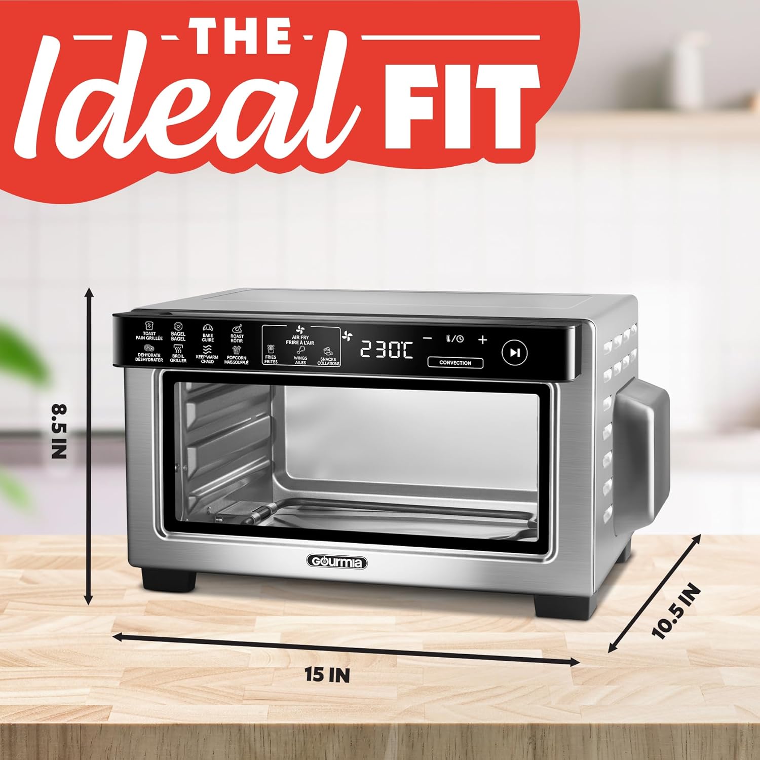 Gourmia Toaster Oven Digital Air Fryer - Convection Mode with 4 Slice Capacity, 3 Rack Positions, 12 Presets, Toast, Bagel, Bake, Roast, Broil, Dehydrate, Popcorn, Fits 9