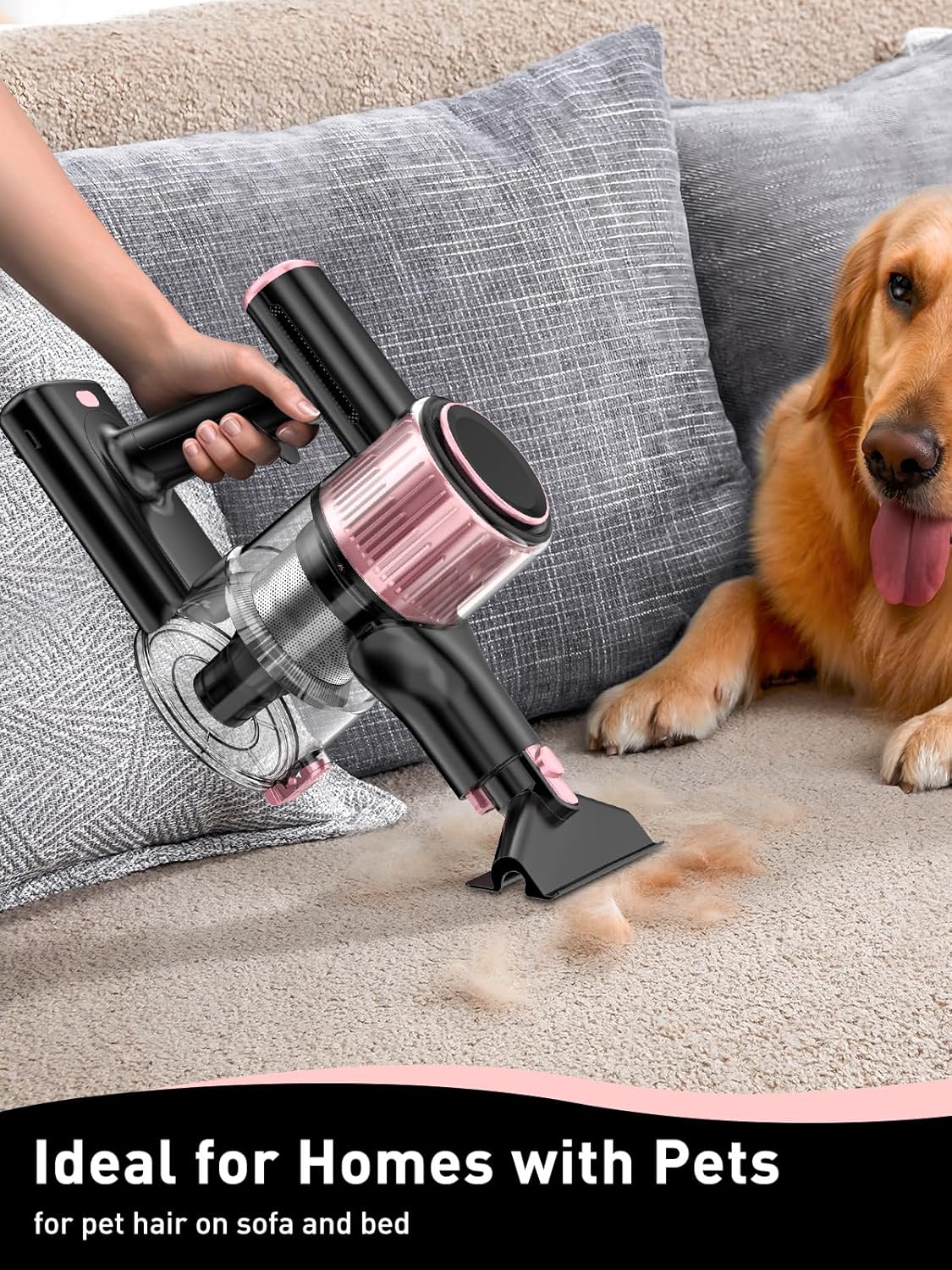 Cordless Vacuum Cleaner, 8 in 1 Powerful Suction Lightweight Vacuum Cleaner for Home, LED Display, 3 Suction Modes, 45Mins Detachable Battery Vacuum for Hard Floor Carpet Pet Hair, Pink