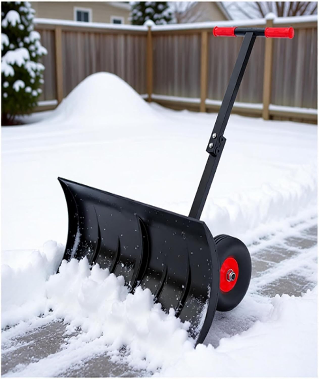 Manual Push Snow Shovel with Wheels, Adjustable Angle-Height Handle for Easy Walkway, Patio, and Driveway Clearing(100x43cm)