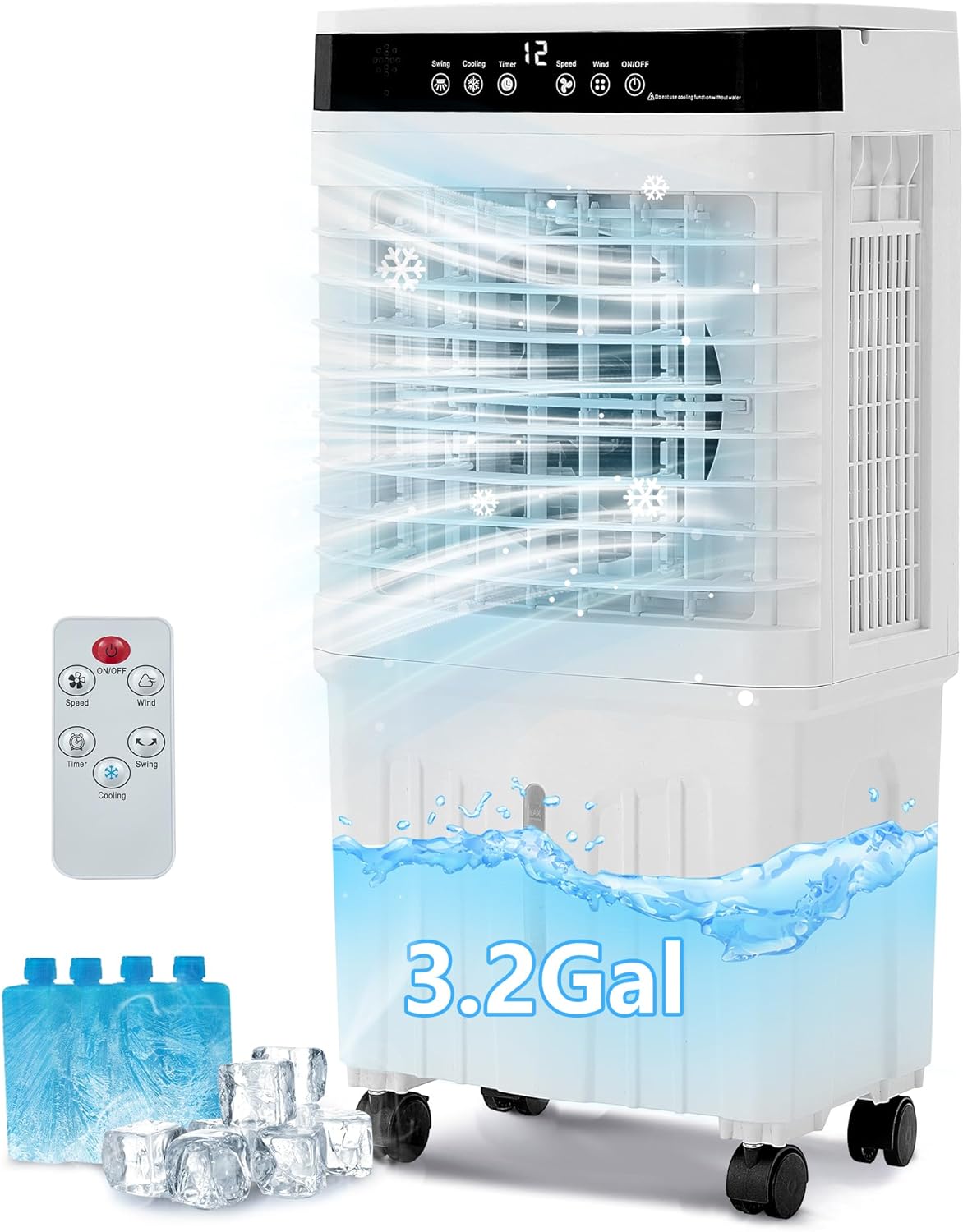 Portable Air Conditioner for Home Office Outdoor, Portable Evaporative Swamp Cooler with 3Gal Water Tank, 120°Oscillation Cooling Fan with Remote 2 Modes, 3 Speeds, 12H Timer & 4 Ice Packs