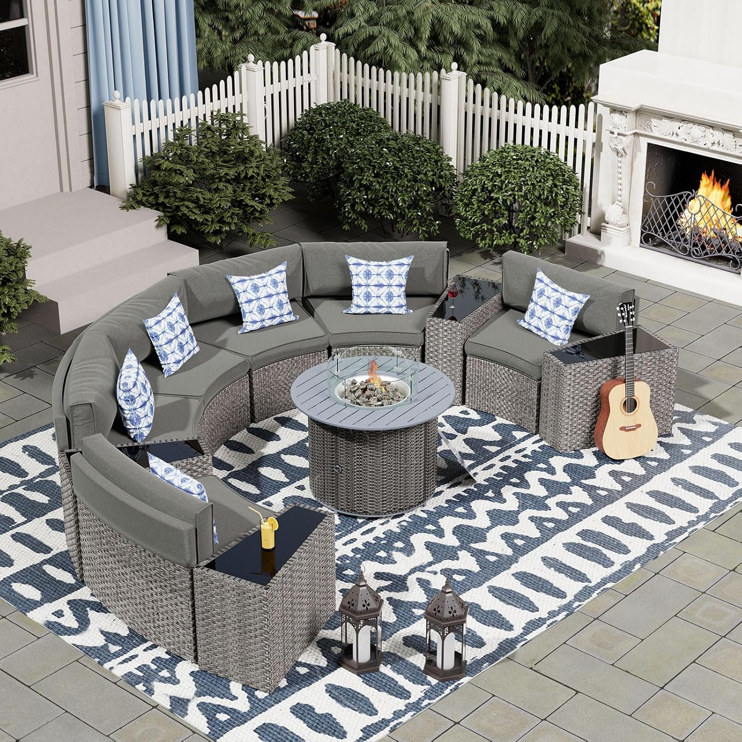 UDPATIO Patio Furniture Set with Fire Pit Table,Fully Assembled Outdoor Sectional Sofa,Half-Moon Curved Modular 11 Pieces Heavy Duty Wicker Furniture Set with Coffee Table,Cover for Porch,Grey