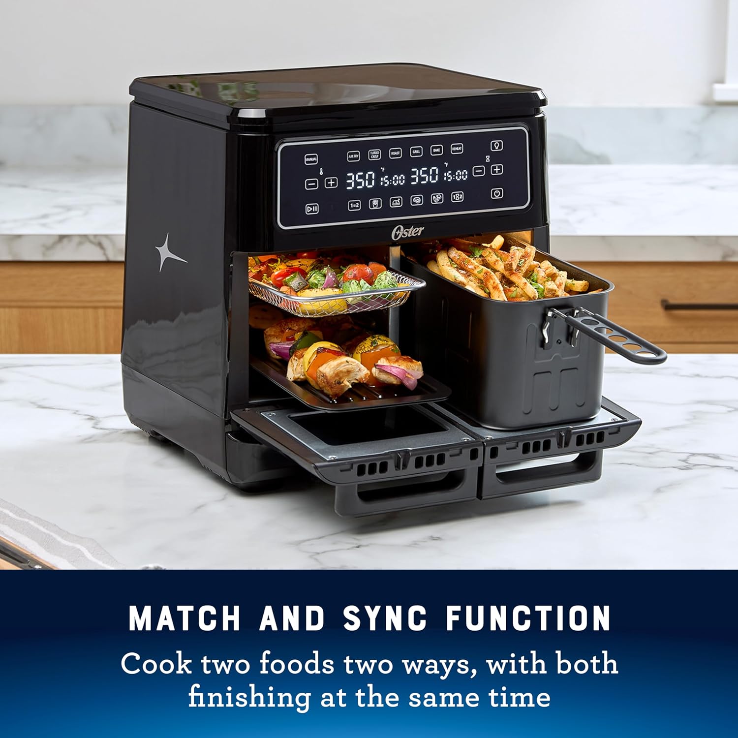 Oster 11-Quart Dual Air Fryer Oven with 2 Cooking Zones, Large Capacity Air Fryer with 6 Cooking Functions & 2 Baskets