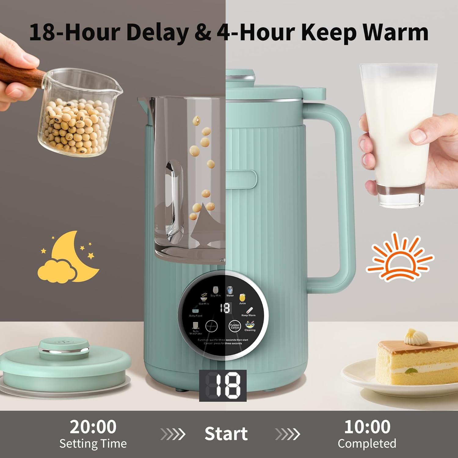 35oz Soy Milk Maker Machine: 8-in-1 Nut Milk Maker for Oat Milk, Vegan Drinks, Baby Food Blender - Plant-Based Milk Machine with Stainless Steel, LED Touch, Auto Shutoff (Green)