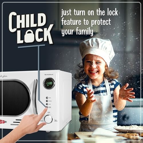 Nostalgia Retro Countertop Microwave Oven - 1.1 Cu Ft & 1000 Watt Power- Easy to Clean with Removable Glass Turntable - Child Safety Lock - 12 Programs - Digital Clock - White