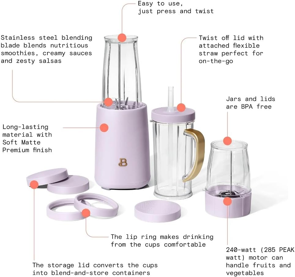 Beautiful Personal Blender Set with 12 Pieces, 240 W, Lavender by Drew Barrymore