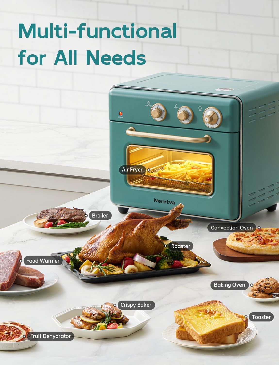 Neretva [21 QT& 6-in-1] Toaster Oven & Air Fryer, Compact Toaster Ovens Countertop with 5 Slices 1500W Rapid Heat Air Fryer Toaster Oven Combo Stainless Steel for Bake/Toast/Broil/Air Fryer/Defrost