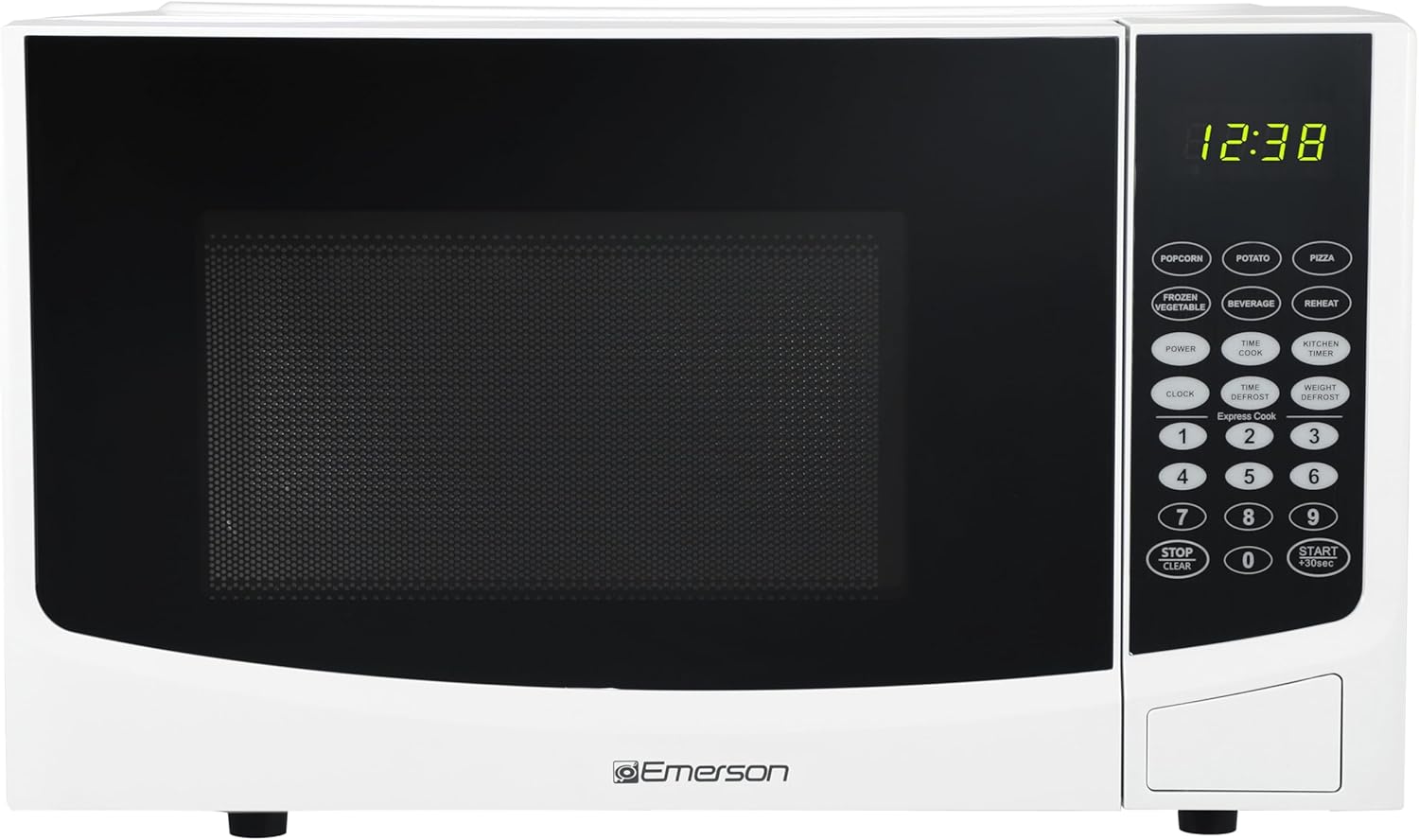 Emerson 0.9 Cu. Ft. Compact Countertop Microwave Oven with Touch Control, LED Display, 900W, 6 Auto Menus with Removable Glass Turntable and Child Safety Lock, MW9255W, White