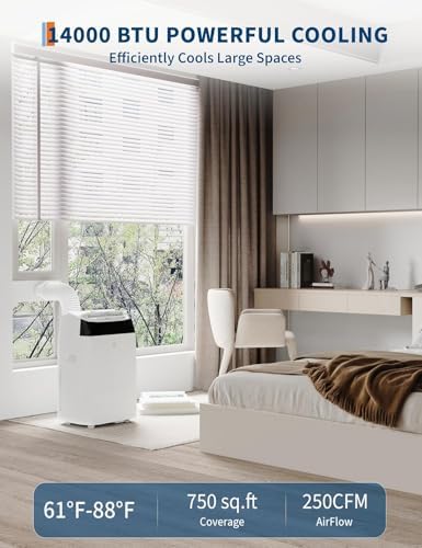 14,000 BTU Portable Air Conditioner – Smart AC Units Drain-Free Cooling for Rooms up to 750 sq.ft Ultra-Quiet 48dB Remote Control, 24H Timer, Dehumidifier & Fan Modes for Bedrooms Indoor