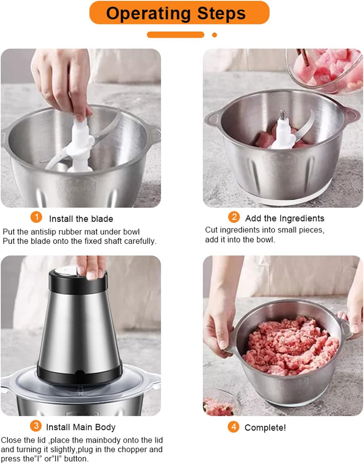 Kitchen Food Processor 3L Food Grade Steel Meat Grinder - Mini Multi-Function Chopper, Countertop Vegetable Fruit Nut Spice Blender/Meat/Onion/Vegetables/Nuts