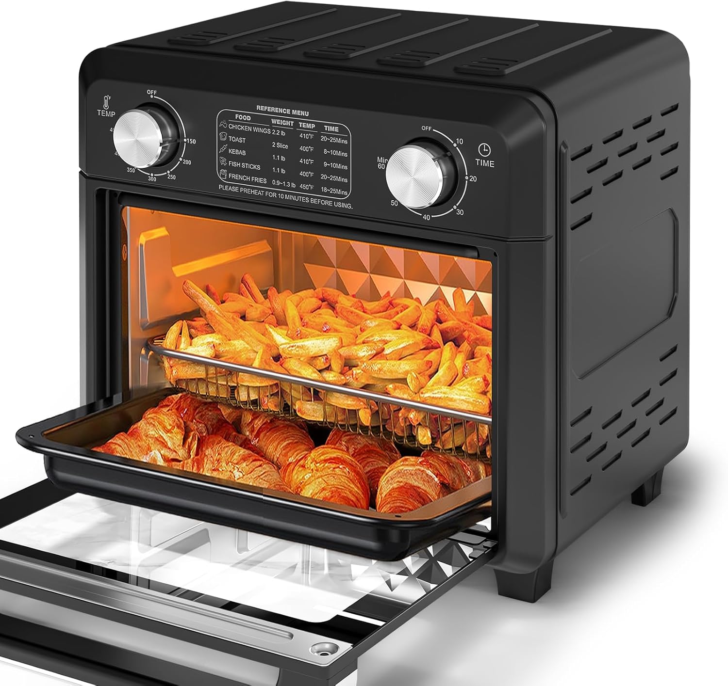 11QT Compact 2-Slice Air Fryer Toaster Oven, 1500W Convection Countertop Oven with Reference Menus, Adjustable Time & Temperature, Ideal for Singles & Couples, Black