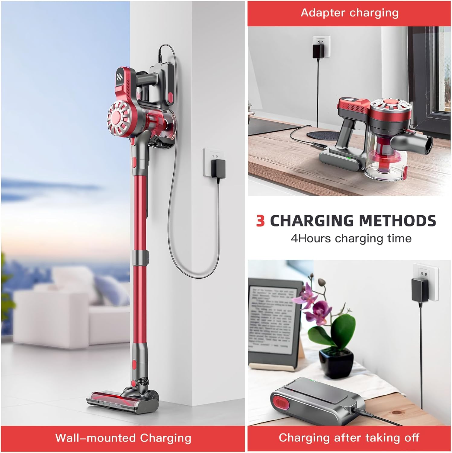 Cordless Vacuum Cleaner for Home, Lightweight Stick Vacuum Cordless Rechargeable with Power Suction, Up to 35 Mins Runtime, Hardwood Floor Vacuum for Pet Hair, Carpets, Tile(Deep Red)
