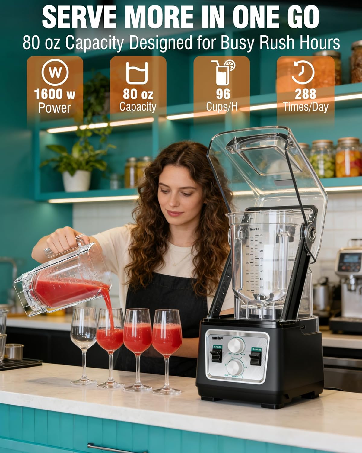 WantJoin Commercial Blender- 80Oz Quiet Shield Smoothie Blender, 1600W Professional Ice Crusher with 6 Blades & 15 Speeds, High-speed Ice Drink Maker for Restaurant Café Home, Dishwasher Safe