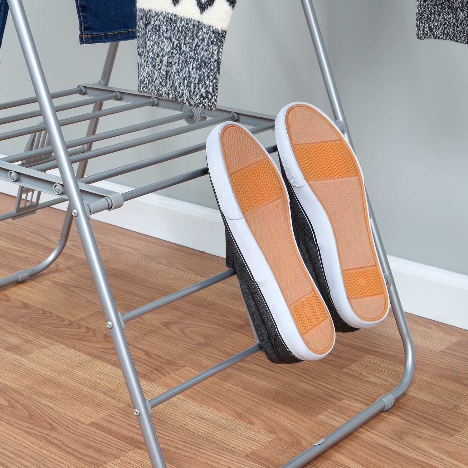 Foldable Clothes Drying Rack with Shoe Drying Area by Home Basics | Powder Coated Steel, Collapsible Design with Shelf, Ample Drying Space | Expands on Both Sides