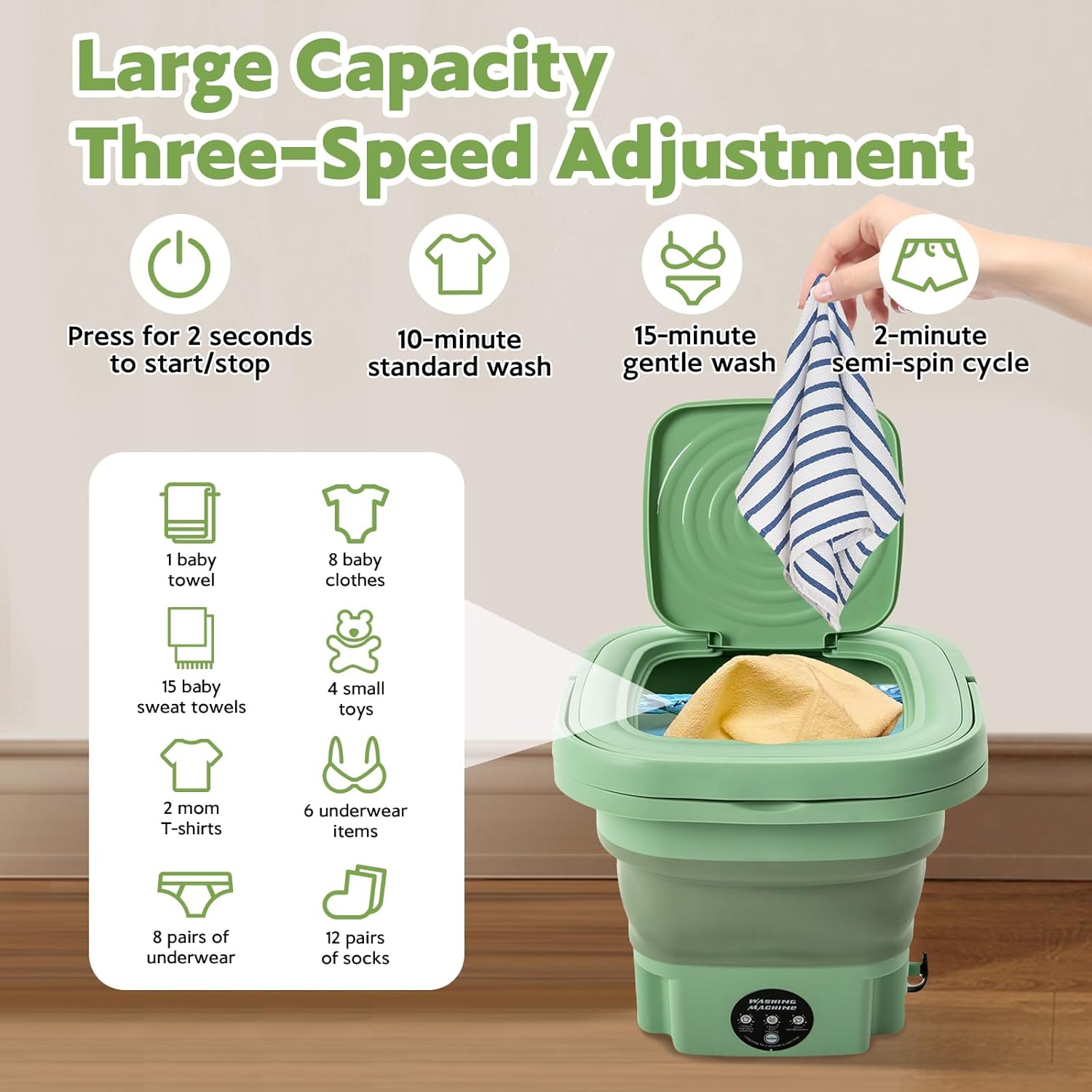 8 L Portable Mini Washing Machine, Foldable Washer and Spin Dryer with Drainage Basket, Electric Collapsible Washing Machine for Apartment Camping, RV, Travel, Underwear, Socks (Mint Green)