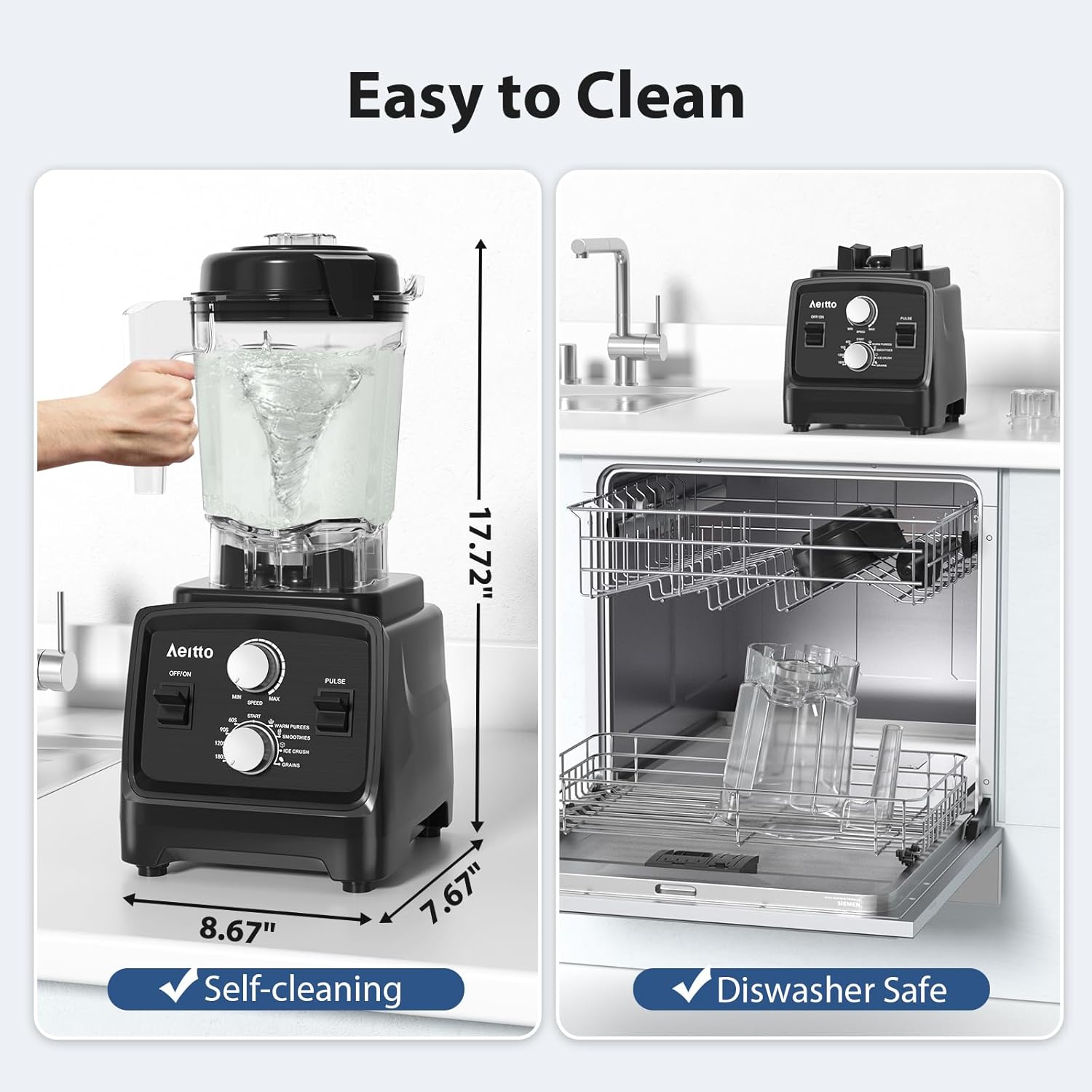 Aeitto Blenders for Kitchen with 1800W Motor, 68Oz. Large Capacity, 2-in-1 Blender & Grinder Combo, BPA-Free Countertop Professional Blender for Smoothies, Ice Crush, Frozen Drinks, Black