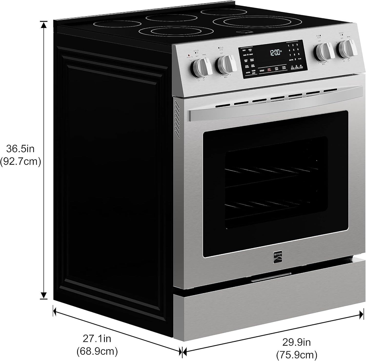 Kenmore Front Control Electric Range Oven with 5 Cooktop Elements with 7 Cooking Power Options, True Convection, Steam and Self Clean, Freestanding Oven, 4.8 cu. ft. Capacity Stainless Steel