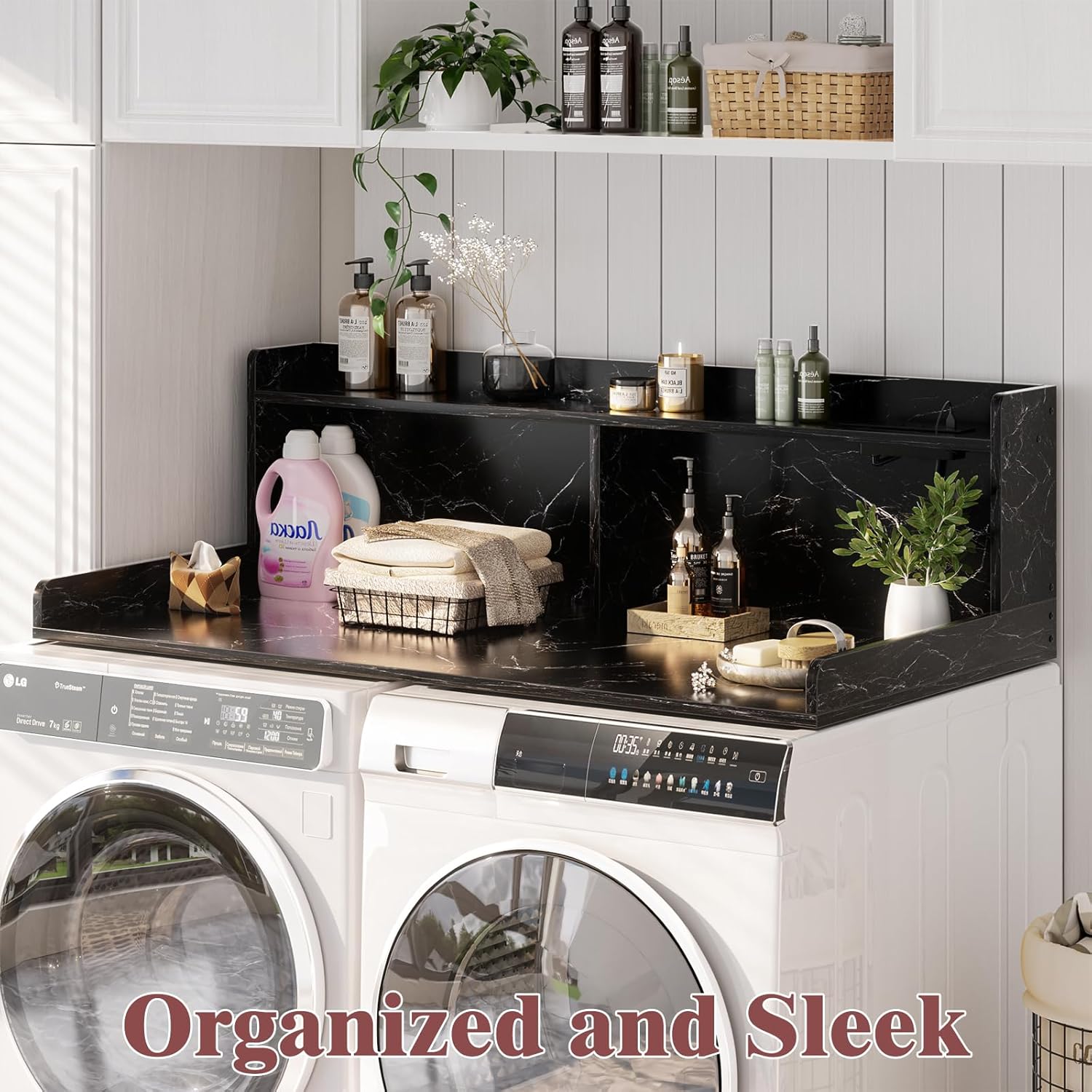 Aheaplus Washer and Dryer Countertop, 2-Tier Laundry Countertop Cover with LED Lights and Power Strip, Large Space Laundry Topper with Shelf for Laundry Room Organization, Black Marble