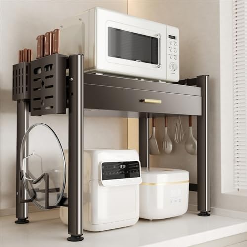 Adjustable Microwave Oven Countertop Rack, Microwave Oven Rack, Kitchen Counter Shelf, 2 Tier Metal Kitchen Countertop Organizer Shelves with 6 Hooks(59cm-23.2in)