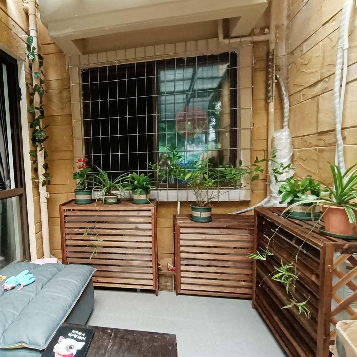 Weatherproof Shutters Central Air Conditioner Cover for Outside Units, Solid Wood Air Conditioner Fence Privacy Screen Plant Stand, Freestanding Shelf Decoration Rack, Shutter Design (Size