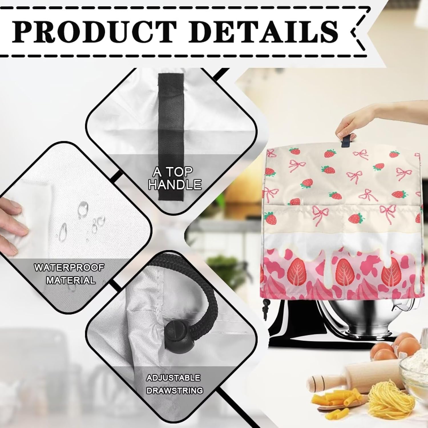 Stand Mixer Cover with Organizer Bags, Blender Accessories Stand Mixer Dust Cover Kitchen Decorations Covers Blender Bags Universal for Kitchen Strawberry Ice Cream