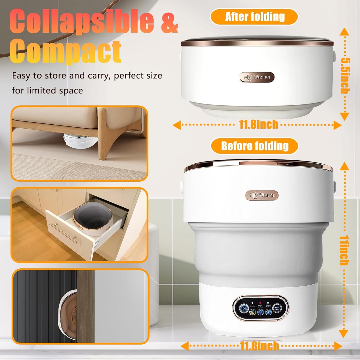 Portable Washing Machine,15L Collapsible Mini Washer with 3 Cleaning Modes Drain Basket Small Foldable Laundry Machine for Travel Camping Dorms RVs Apartments Baby Clothes Underwear Socks Delicates