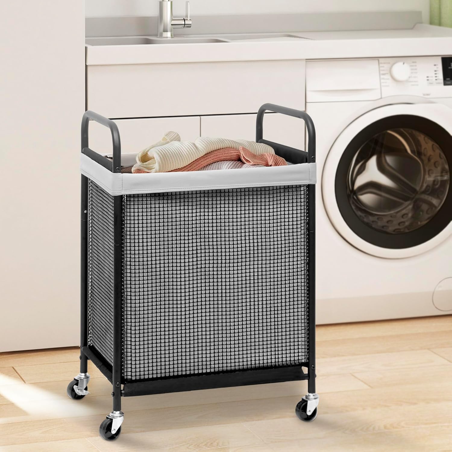 STORAGE MANIAC Rolling Laundry Hamper with Wheels 1-Section Laundry Sorter Rolling Laundrys Basket on Wheels with Removable Bag Clothes Hamper Laundrys Organizer Cart Bathroom Bedroom 90L Grey