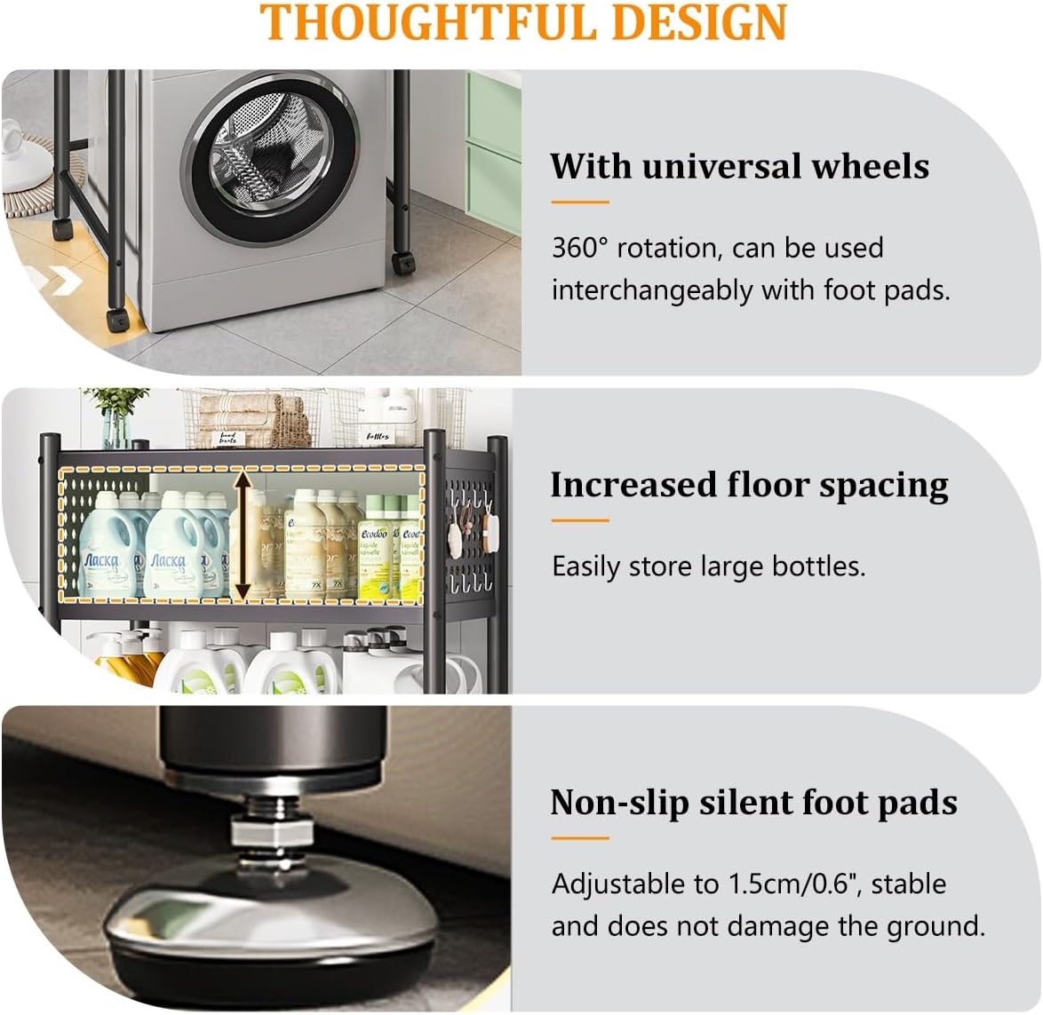 3 Tiers Over Washer and Dryer Shelves, Steel Washer-Dryer Stacking Rack Stand with Wheels, All Steel Laundry Room Organizer Standing Shelf with Perforated Board for Bathrooms, Bedroom, Balcony(Black,7