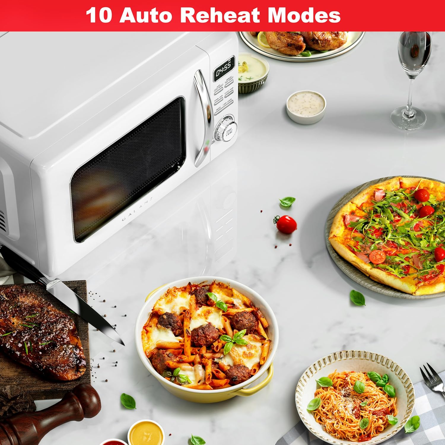 Galanz GLCMKZ07WER07 with Auto Cook & Reheat, Defrost, Quick Start Functions, Easy Clean with Glass Turntable, Pull Handle, White