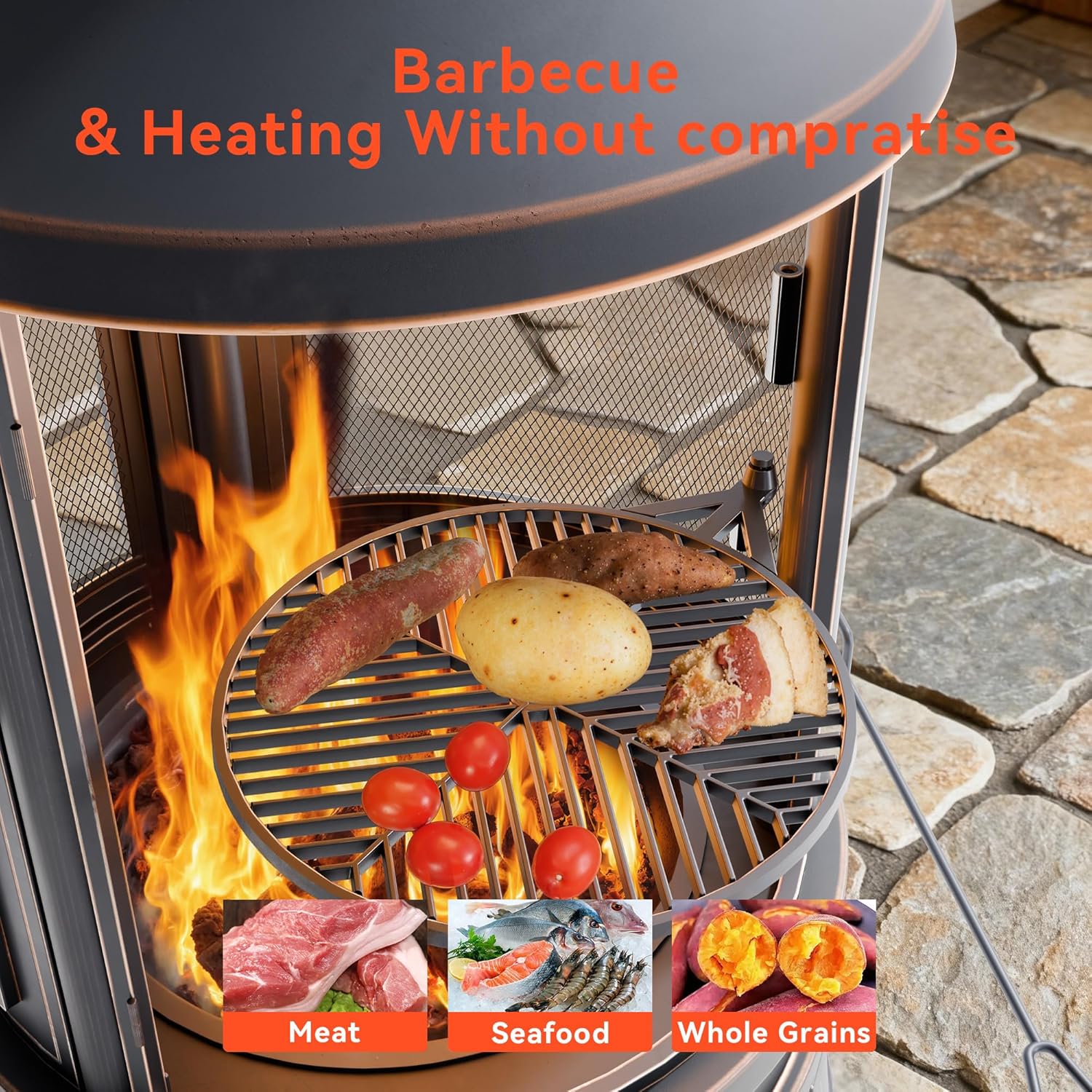 Metal Outdoor Fire Pit for Outside Wood Burning，24 Inch Chiminea Outdoor Fireplace with Adjustable Grill Tray, Spark Screen Door & Fire Poker, for Patio, Garden, Backyard