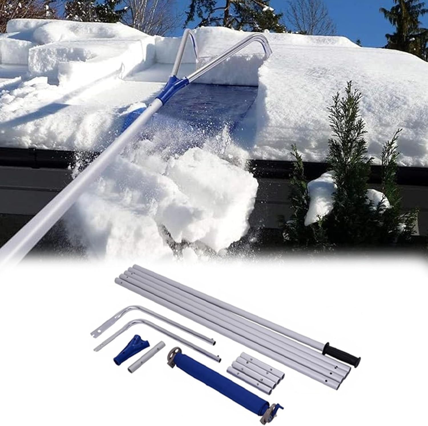 Roof Snow Rake Removal Tool Kit, 1.9-6.5 m Extendable House Roof Snow Scraper with Oxford Cloth & Anti-Slip Handle, Clearing Shovel for Car Snow