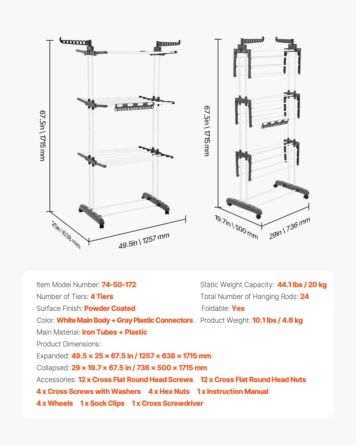 VEVOR Clothes Drying Rack, 4-Tier Foldable Laundry Dryer Rack, Metal Drying Racks with 24 Drying Rods, Free-Standing and Portable Hanger with 4 Castors and Two Side Wings for Outdoor & Indoor Use