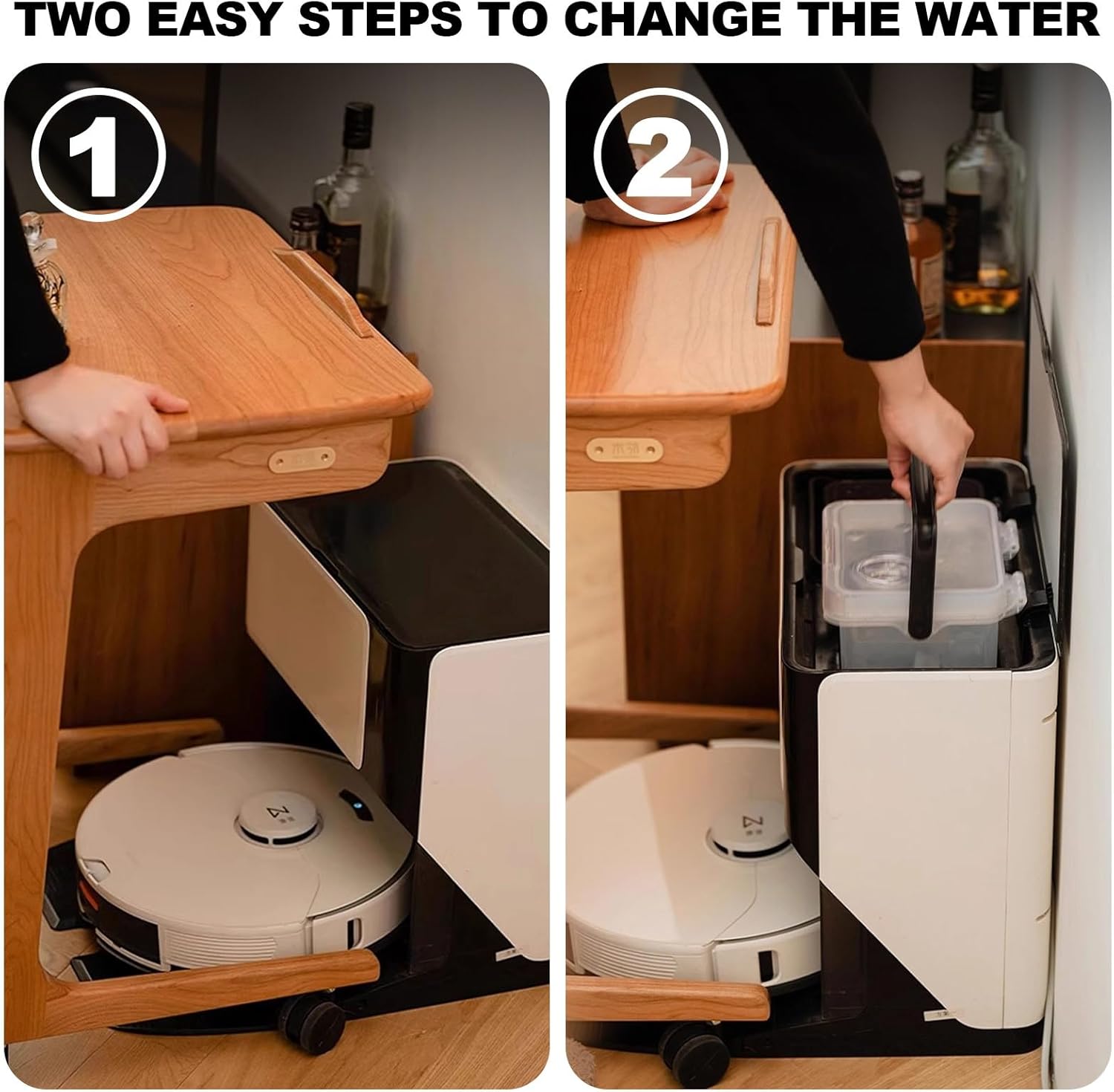 Robot Vacuum Storage Rack with Acrylic Doors，C-Shaped Wood Side Table，Stylish Minimalism & Beautiful，Robot Vacuum Storage Cabinet with Wheels，for Living Room Office Bedroom(Natural)