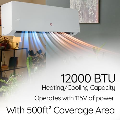 PG Split System Air Conditioner 12,000 BTU Heat Pump, 17 SEER Ultra Energy Efficient, Quiet Operation, Indoor & Outdoor Units, 115V, Wi-Fi Smart Control